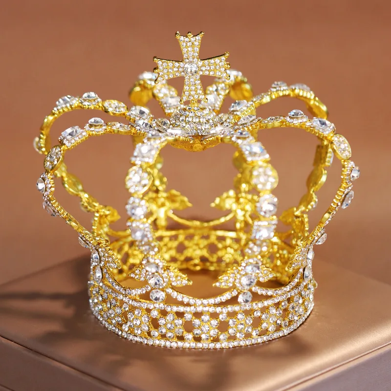 Baroque Retro Court Royal Queen Crown Rhinestone Cross Tiaras and Crowns for Women Party Prom Diadem Jewelry Ornaments