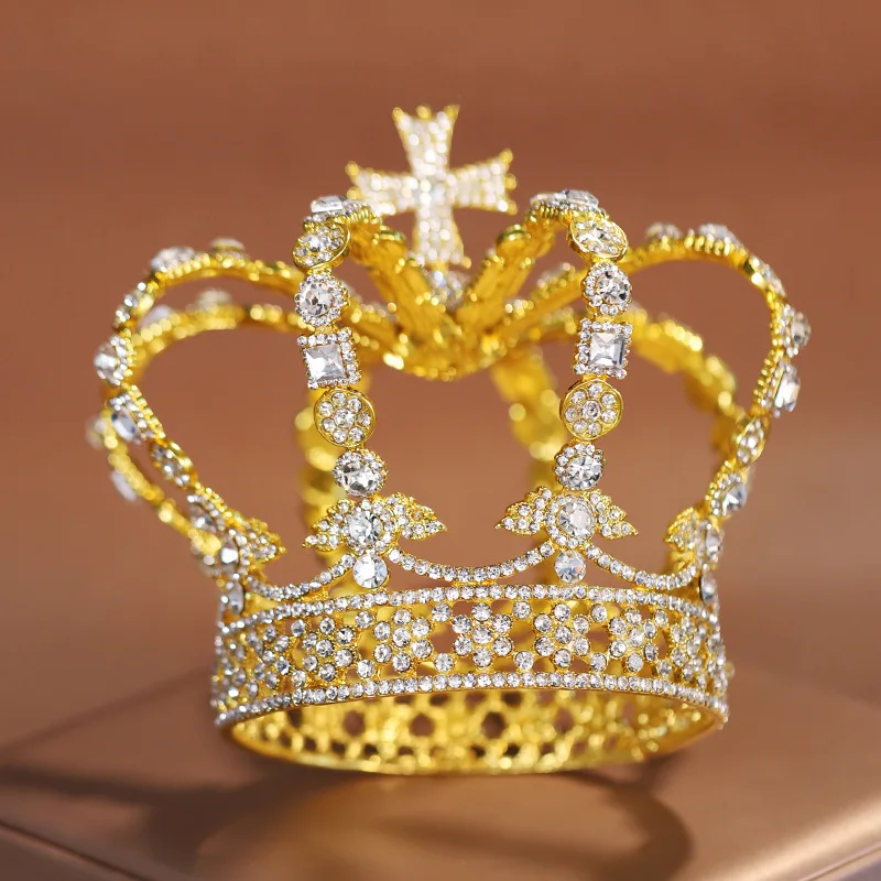 Baroque Retro Court Royal Queen Crown Rhinestone Cross Tiaras and Crowns for Women Party Prom Diadem Jewelry Ornaments
