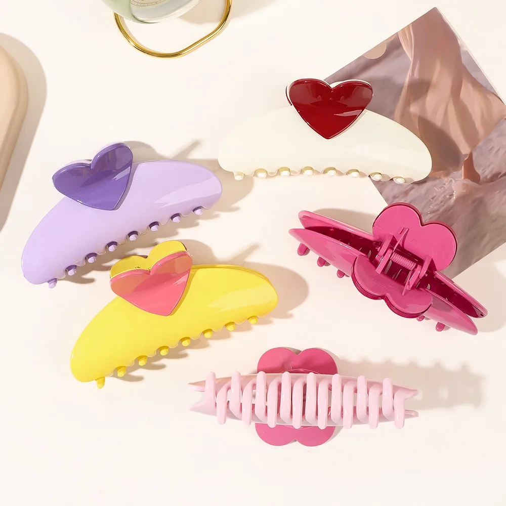 New Candy Color Love Heart 5.11" Big Size Hair Claw Clips for Women Girls Elegant Geometric Plastic Spring Summer Headwear Gift
