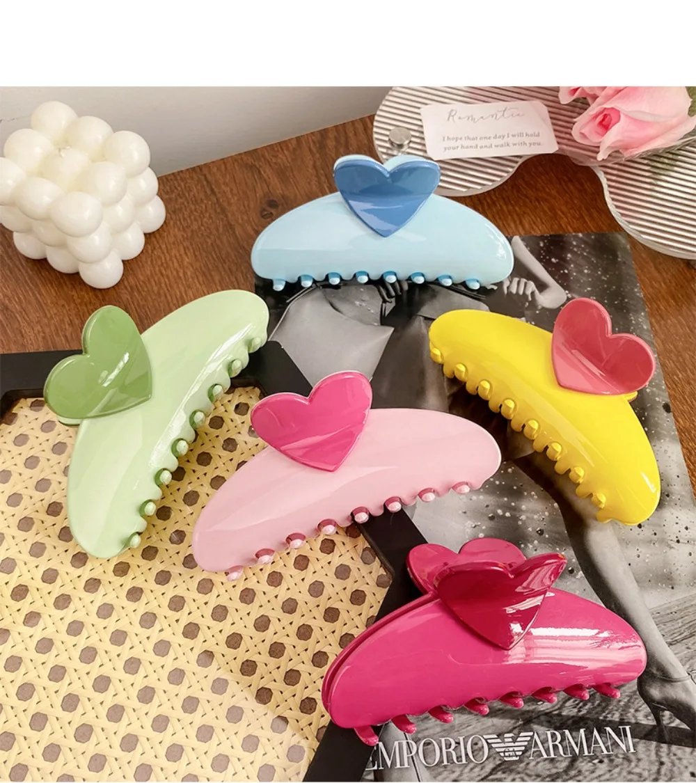 New Candy Color Love Heart 5.11" Big Size Hair Claw Clips for Women Girls Elegant Geometric Plastic Spring Summer Headwear Gift