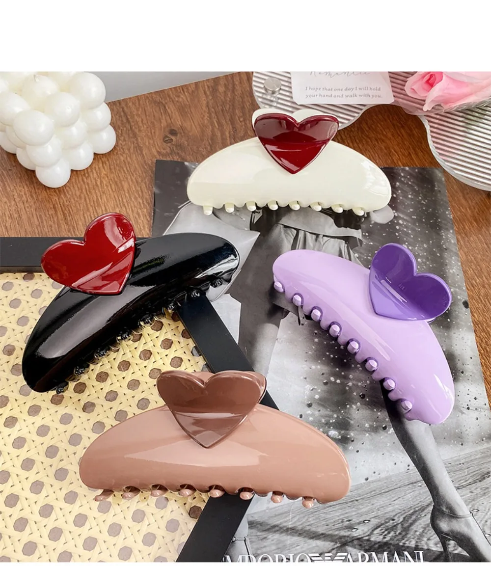New Candy Color Love Heart 5.11" Big Size Hair Claw Clips for Women Girls Elegant Geometric Plastic Spring Summer Headwear Gift