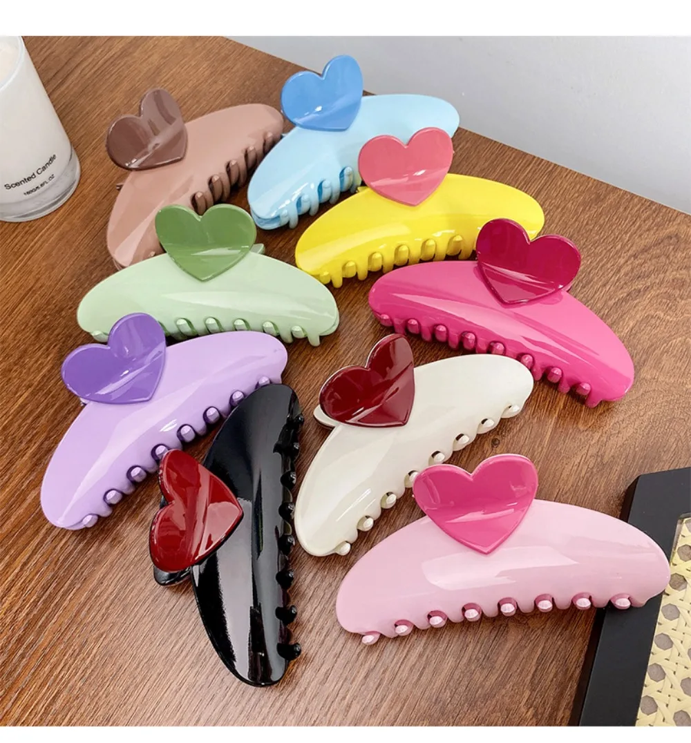 New Candy Color Love Heart 5.11" Big Size Hair Claw Clips for Women Girls Elegant Geometric Plastic Spring Summer Headwear Gift