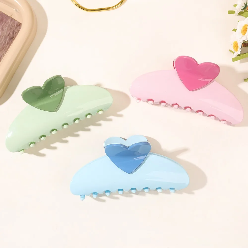New Candy Color Love Heart 5.11" Big Size Hair Claw Clips for Women Girls Elegant Geometric Plastic Spring Summer Headwear Gift