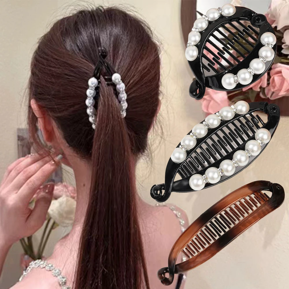Women Hair Claw Clip Pearl Rhinestone Ponytail Banana Hair Clip For Girls Combs Barrettes Hairpin Fishtail Clip Hair Accessories