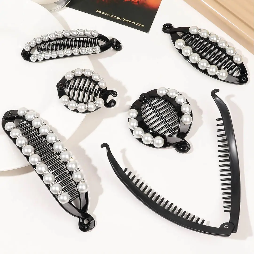 Women Hair Claw Clip Pearl Rhinestone Ponytail Banana Hair Clip For Girls Combs Barrettes Hairpin Fishtail Clip Hair Accessories