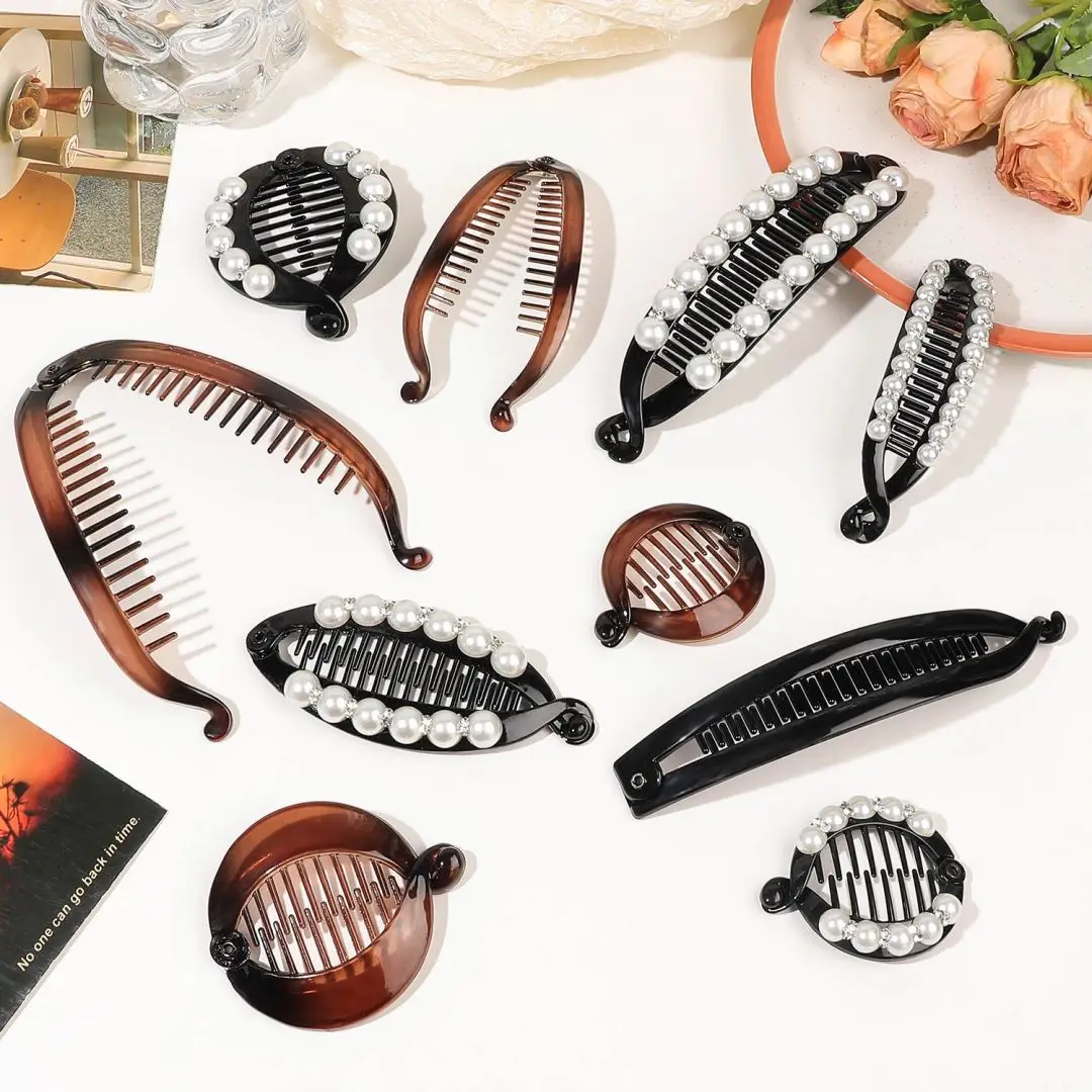 Women Hair Claw Clip Pearl Rhinestone Ponytail Banana Hair Clip For Girls Combs Barrettes Hairpin Fishtail Clip Hair Accessories
