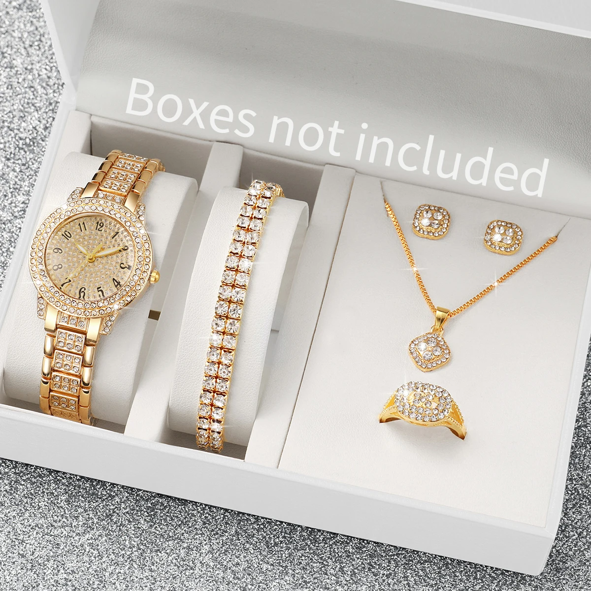 6PCS Fashion Full Diamond Women's Watch Gold Steel Band Analog Quartz Watches Jewelry Set(Without Box)