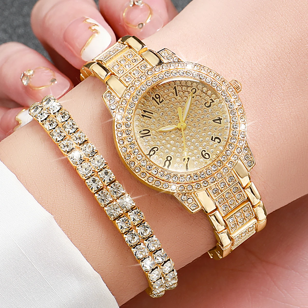 6PCS Fashion Full Diamond Women's Watch Gold Steel Band Analog Quartz Watches Jewelry Set(Without Box)