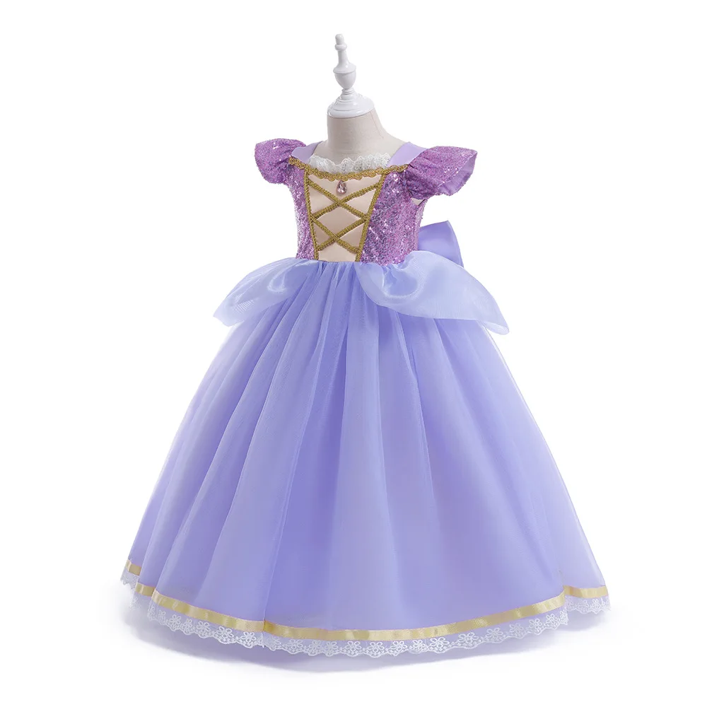 European and American Style Girl Princess Dress Rapunzel Apparel Ball Gown with Bow at Back Children Halloween Tangled Role Play