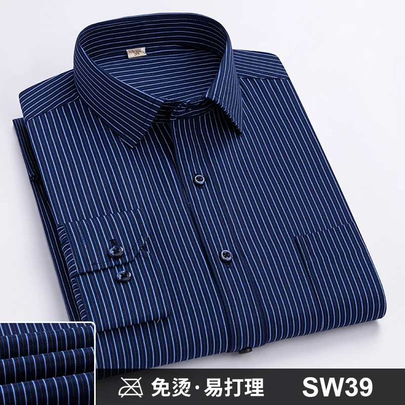 Men Formal Shirt Long Sleeve Office Solid Color Striped Anti-Wrinkle Non-ironing Fashion Business Pocket White Social Shirt 4XL