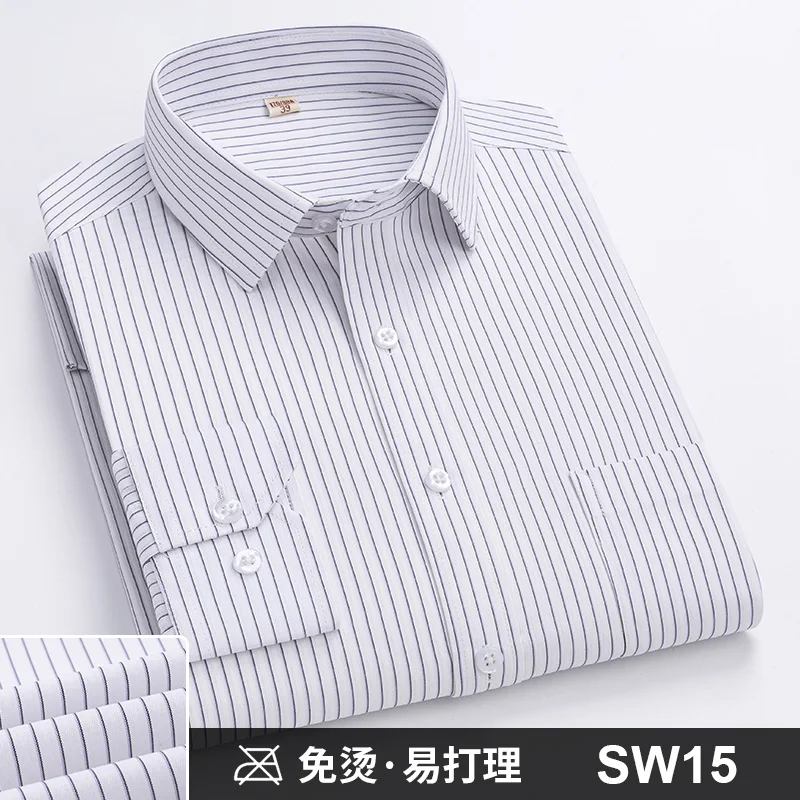 Men Formal Shirt Long Sleeve Office Solid Color Striped Anti-Wrinkle Non-ironing Fashion Business Pocket White Social Shirt 4XL