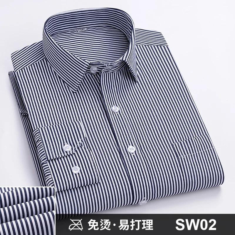 Men Formal Shirt Long Sleeve Office Solid Color Striped Anti-Wrinkle Non-ironing Fashion Business Pocket White Social Shirt 4XL