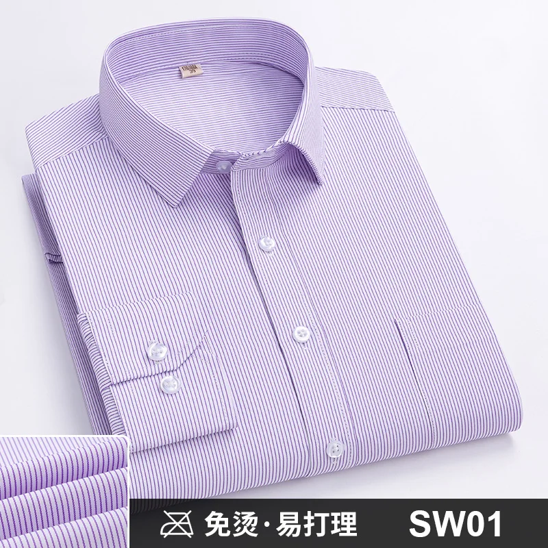 Men Formal Shirt Long Sleeve Office Solid Color Striped Anti-Wrinkle Non-ironing Fashion Business Pocket White Social Shirt 4XL