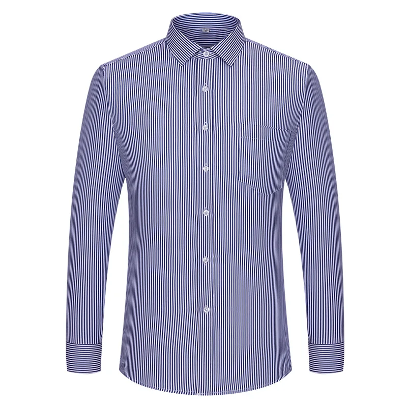 Men Formal Shirt Long Sleeve Office Solid Color Striped Anti-Wrinkle Non-ironing Fashion Business Pocket White Social Shirt 4XL