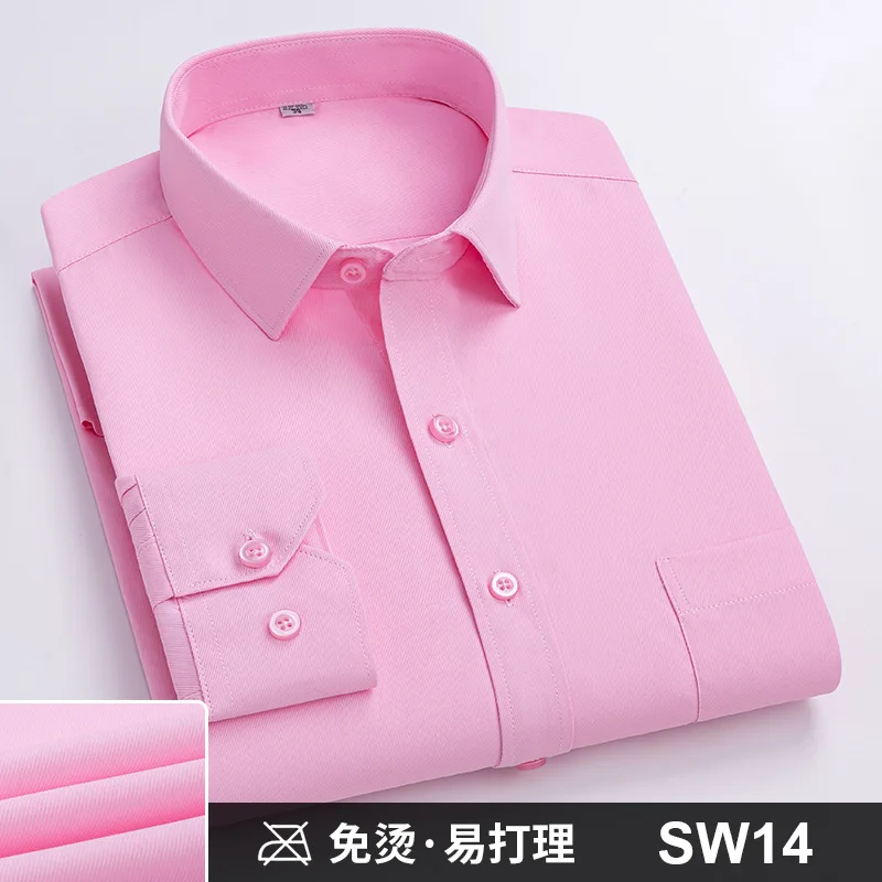 Men Formal Shirt Long Sleeve Office Solid Color Striped Anti-Wrinkle Non-ironing Fashion Business Pocket White Social Shirt 4XL