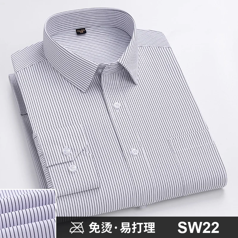 Men Formal Shirt Long Sleeve Office Solid Color Striped Anti-Wrinkle Non-ironing Fashion Business Pocket White Social Shirt 4XL
