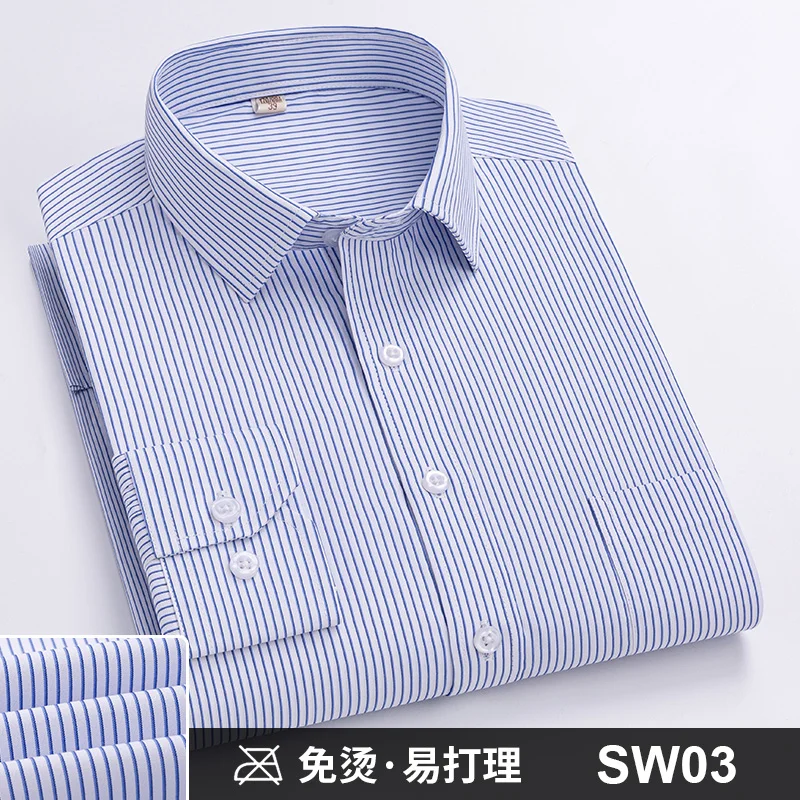 Men Formal Shirt Long Sleeve Office Solid Color Striped Anti-Wrinkle Non-ironing Fashion Business Pocket White Social Shirt 4XL
