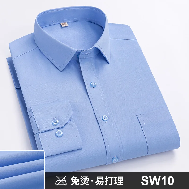Men Formal Shirt Long Sleeve Office Solid Color Striped Anti-Wrinkle Non-ironing Fashion Business Pocket White Social Shirt 4XL