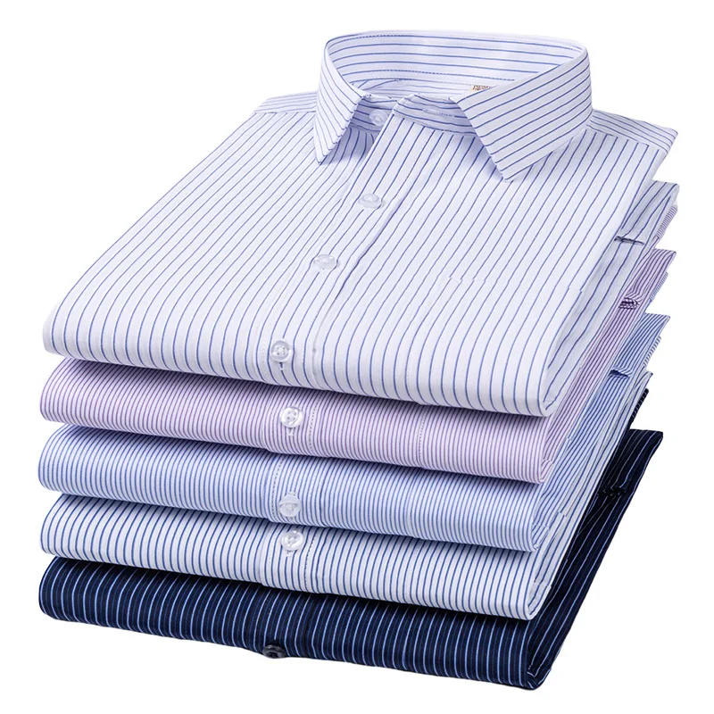 Men Formal Shirt Long Sleeve Office Solid Color Striped Anti-Wrinkle Non-ironing Fashion Business Pocket White Social Shirt 4XL