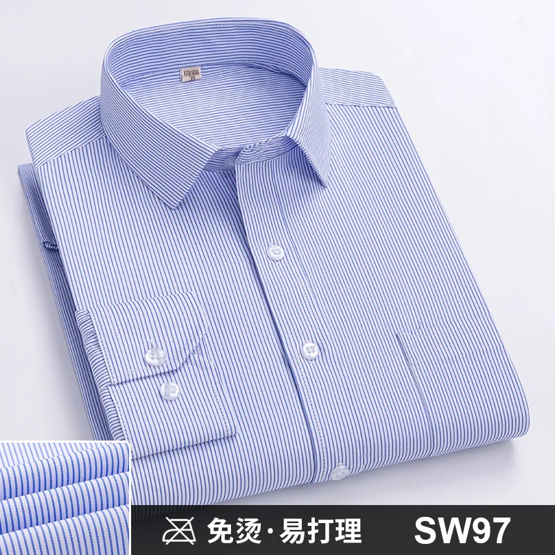 Men Formal Shirt Long Sleeve Office Solid Color Striped Anti-Wrinkle Non-ironing Fashion Business Pocket White Social Shirt 4XL