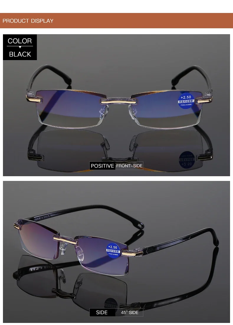 Anti Blue Light Blocking Reading Glasses for Men Women Presbyopia Eyeglasses HD Lens Classic Rimless Eyewear Diopter +1.0 ~ +4.0