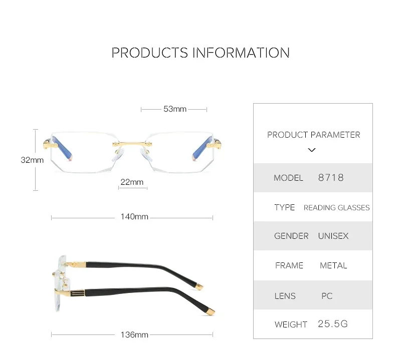 Anti Blue Light Blocking Reading Glasses for Men Women Presbyopia Eyeglasses HD Lens Classic Rimless Eyewear Diopter +1.0 ~ +4.0