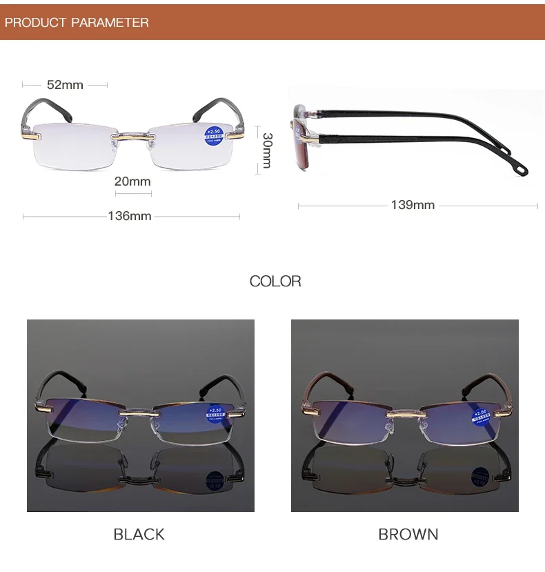 Anti Blue Light Blocking Reading Glasses for Men Women Presbyopia Eyeglasses HD Lens Classic Rimless Eyewear Diopter +1.0 ~ +4.0