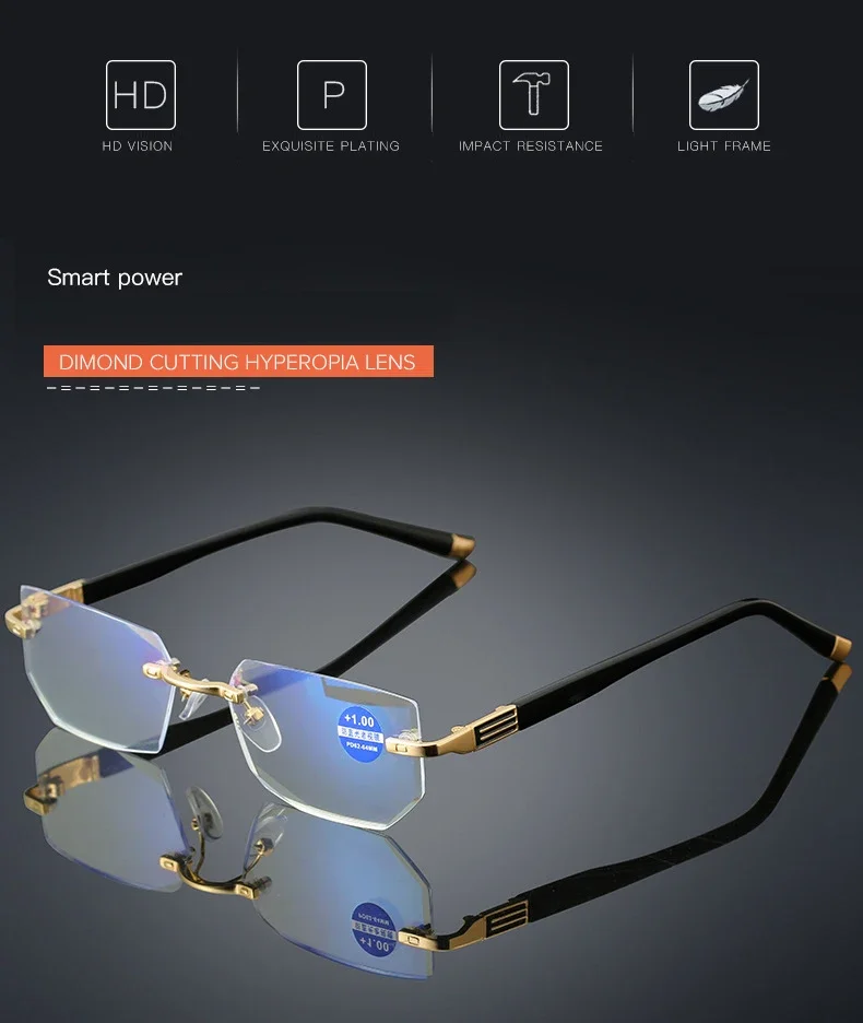 Anti Blue Light Blocking Reading Glasses for Men Women Presbyopia Eyeglasses HD Lens Classic Rimless Eyewear Diopter +1.0 ~ +4.0