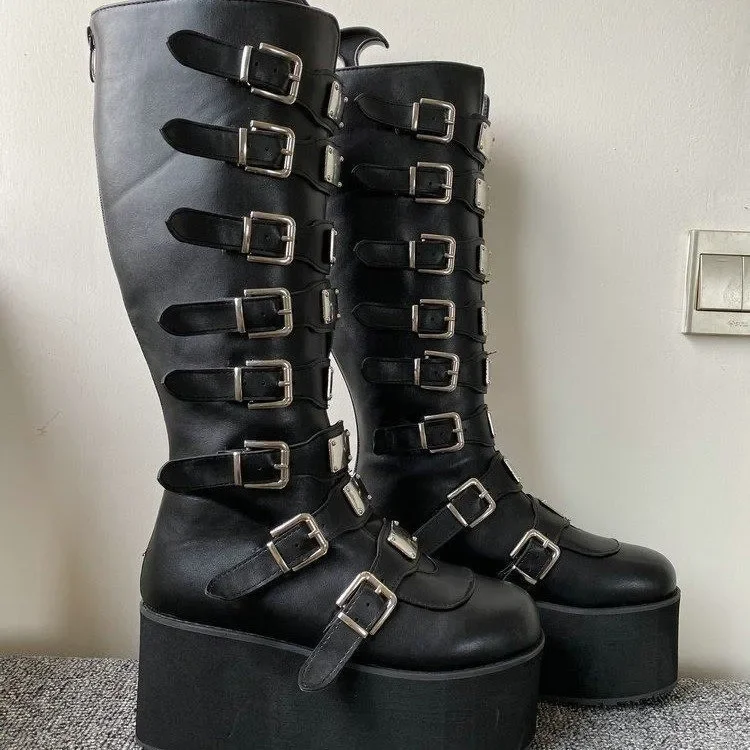 Women Boots Cosplay Ladies High Heel Platform Wedges Women High Boots Gothic Buckle Strap Long Tube Leather Female Boots Plus Si