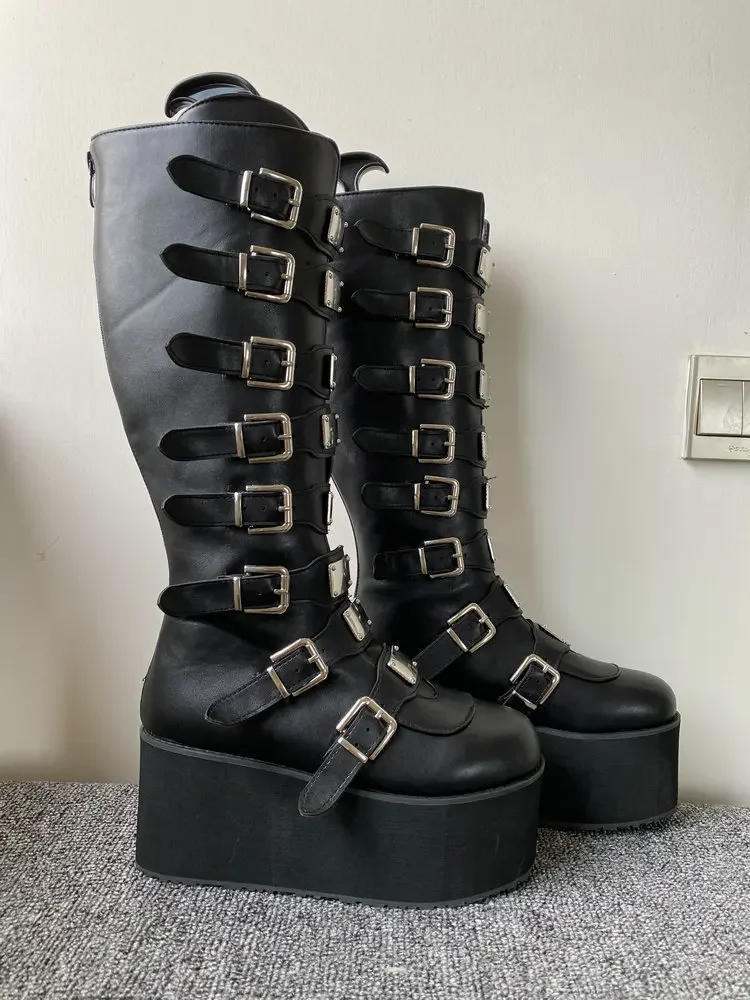 Women Boots Cosplay Ladies High Heel Platform Wedges Women High Boots Gothic Buckle Strap Long Tube Leather Female Boots Plus Si