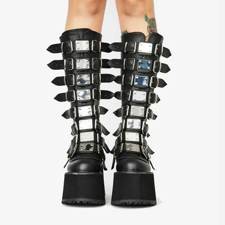 Women Boots Cosplay Ladies High Heel Platform Wedges Women High Boots Gothic Buckle Strap Long Tube Leather Female Boots Plus Si