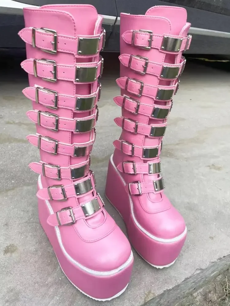 Women Boots Cosplay Ladies High Heel Platform Wedges Women High Boots Gothic Buckle Strap Long Tube Leather Female Boots Plus Si