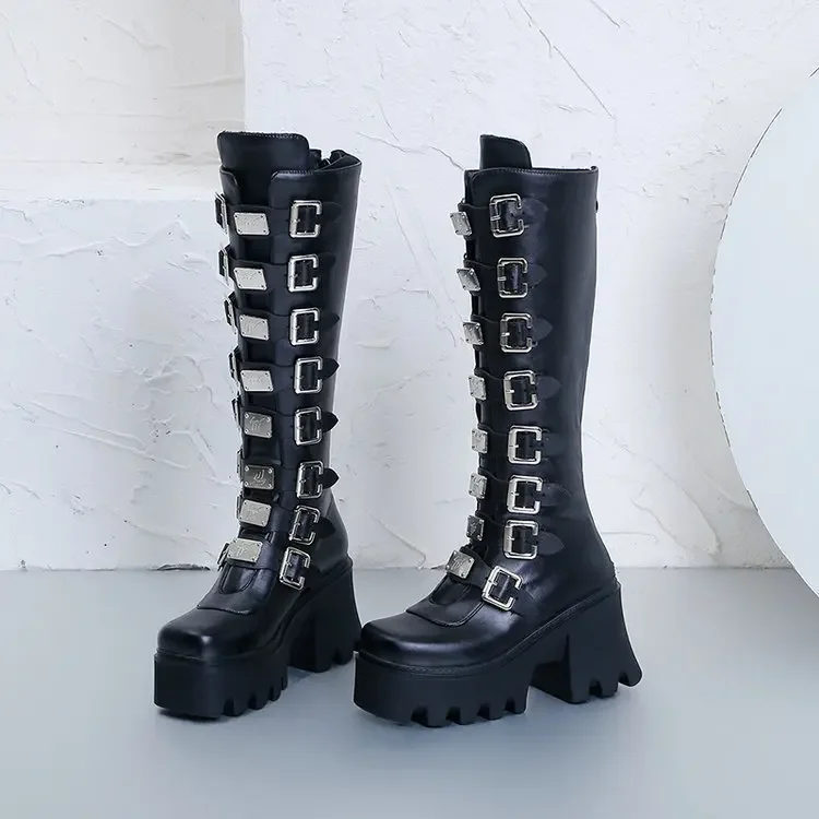 Women Boots Cosplay Ladies High Heel Platform Wedges Women High Boots Gothic Buckle Strap Long Tube Leather Female Boots Plus Si