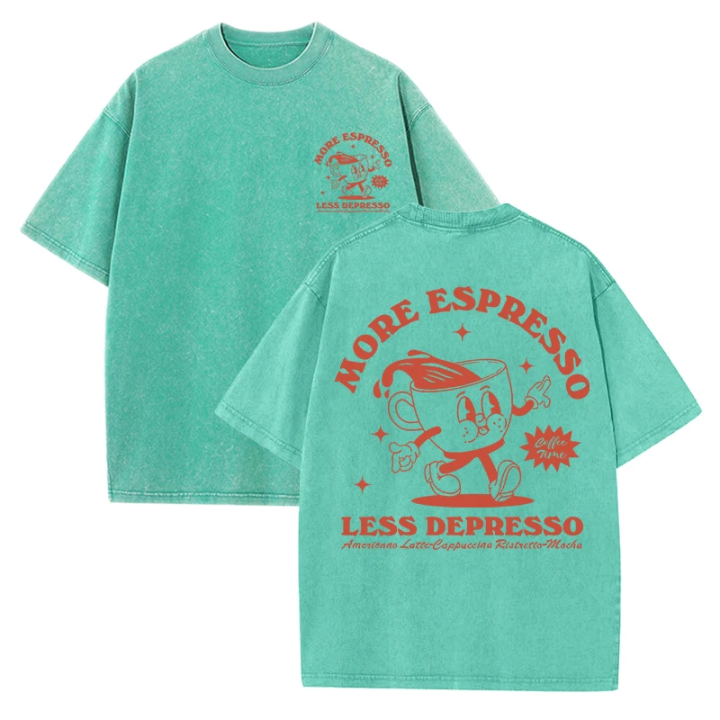 More Espresso Less Depresso Letter Cup Drink Print Washed Womens Tee Shirt Cotton T-Shirts New Breathable Clothes All-Match Top