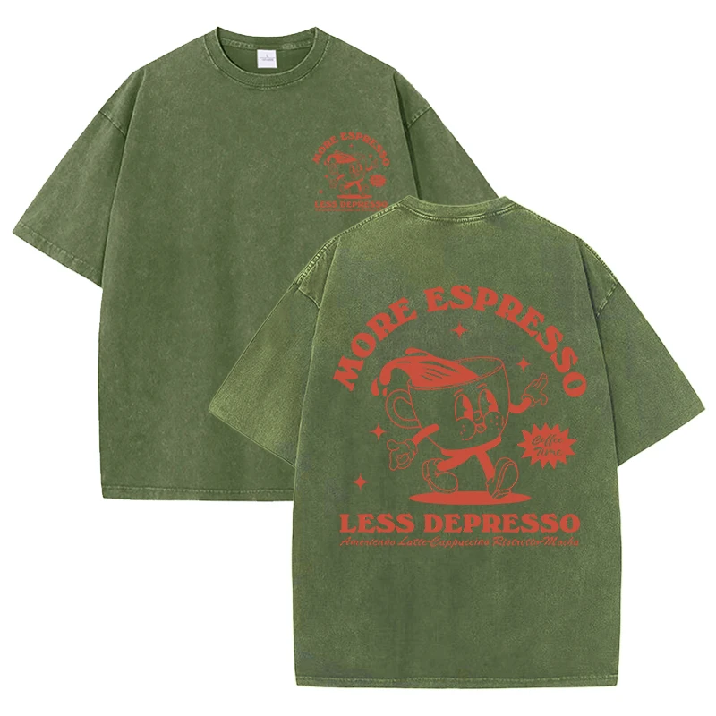 More Espresso Less Depresso Letter Cup Drink Print Washed Womens Tee Shirt Cotton T-Shirts New Breathable Clothes All-Match Top