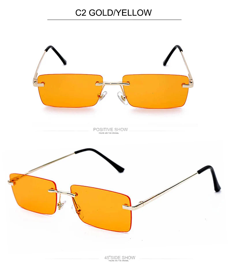 OEC CPO Ladies Small Rimless Sunglasses Women Fashion Rectangle Yellow Orange Sun Glasses Female Men UV400 Eyewear O625