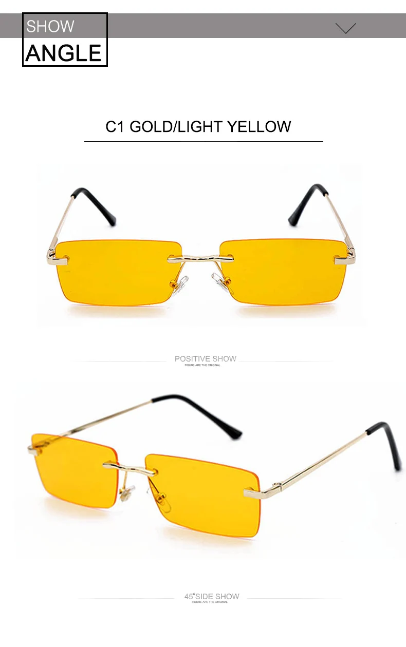 OEC CPO Ladies Small Rimless Sunglasses Women Fashion Rectangle Yellow Orange Sun Glasses Female Men UV400 Eyewear O625