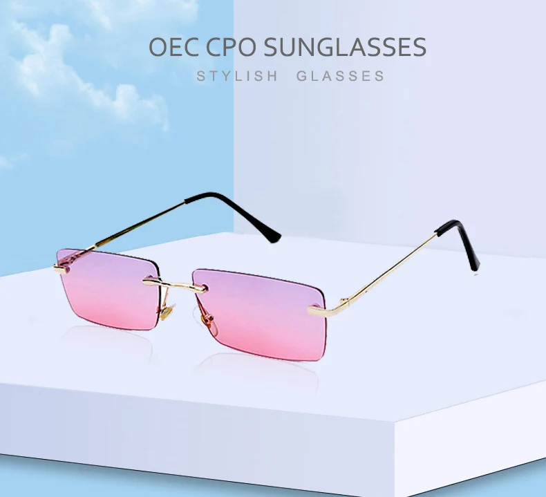 OEC CPO Ladies Small Rimless Sunglasses Women Fashion Rectangle Yellow Orange Sun Glasses Female Men UV400 Eyewear O625