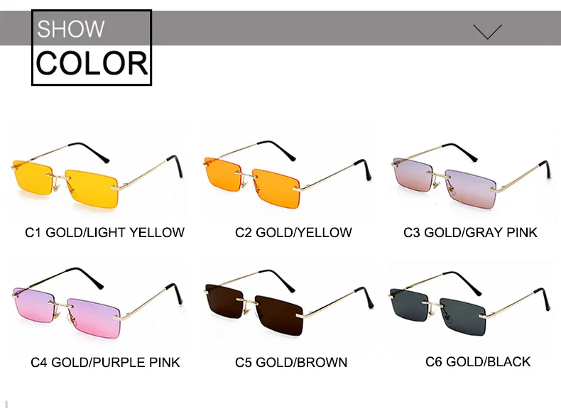 OEC CPO Ladies Small Rimless Sunglasses Women Fashion Rectangle Yellow Orange Sun Glasses Female Men UV400 Eyewear O625