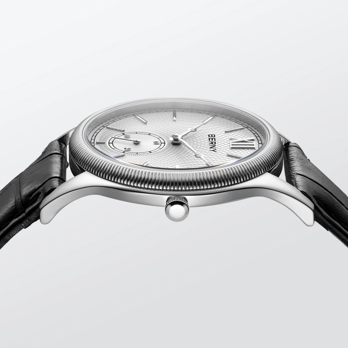 BERNY Men's Watches Luxury Classic Stylish Dress Quartz Watch Slim Stainless Steel Case Elegance Leather Strap Wristwatch