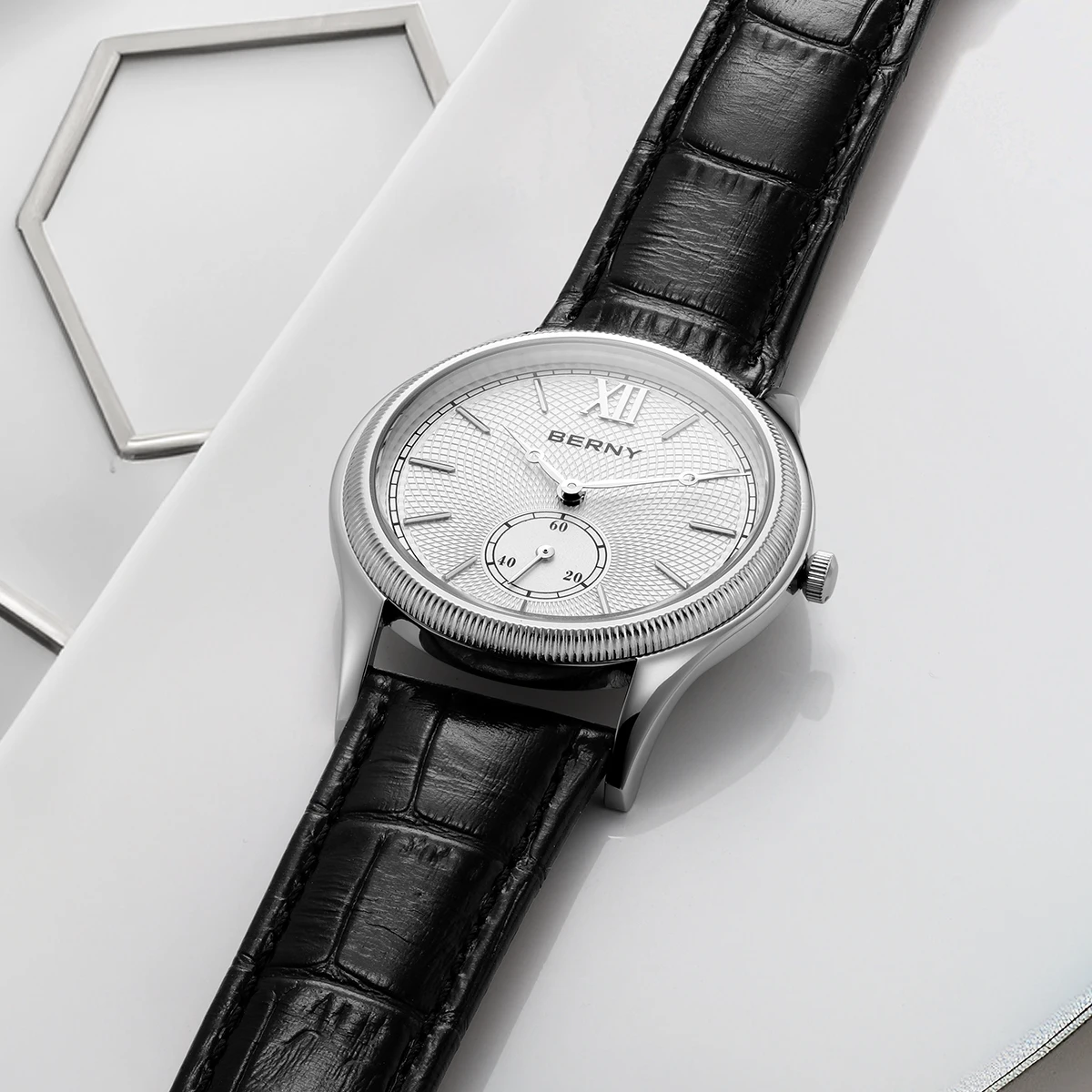 BERNY Men's Watches Luxury Classic Stylish Dress Quartz Watch Slim Stainless Steel Case Elegance Leather Strap Wristwatch