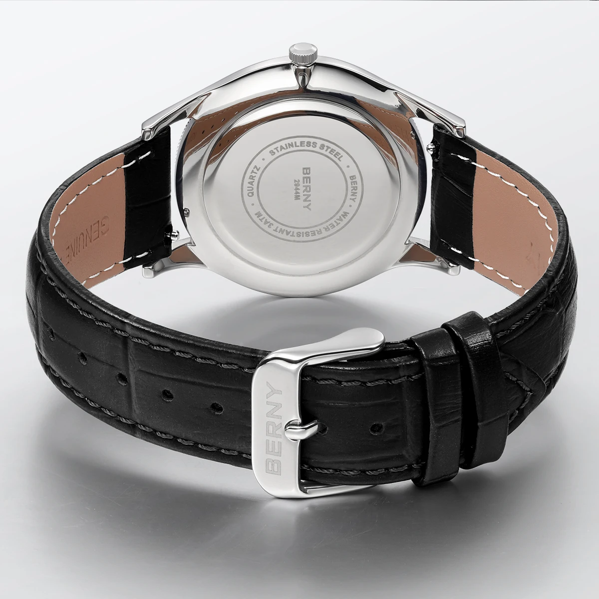 BERNY Men's Watches Luxury Classic Stylish Dress Quartz Watch Slim Stainless Steel Case Elegance Leather Strap Wristwatch