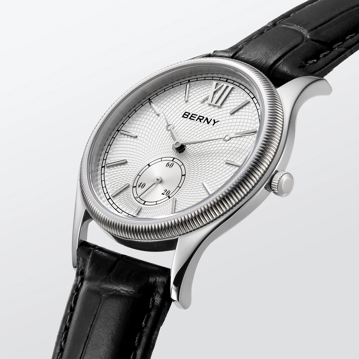 BERNY Men's Watches Luxury Classic Stylish Dress Quartz Watch Slim Stainless Steel Case Elegance Leather Strap Wristwatch