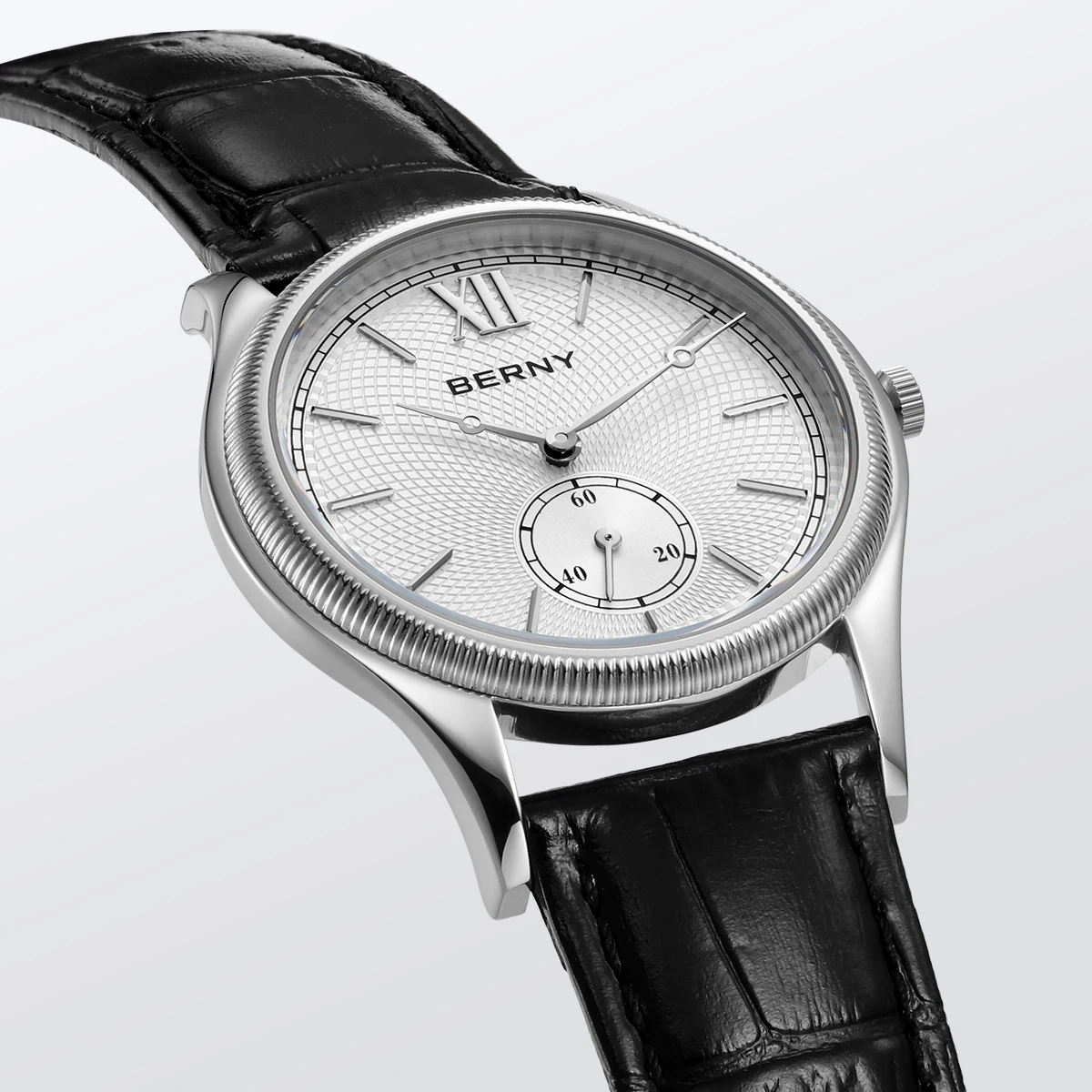 BERNY Men's Watches Luxury Classic Stylish Dress Quartz Watch Slim Stainless Steel Case Elegance Leather Strap Wristwatch