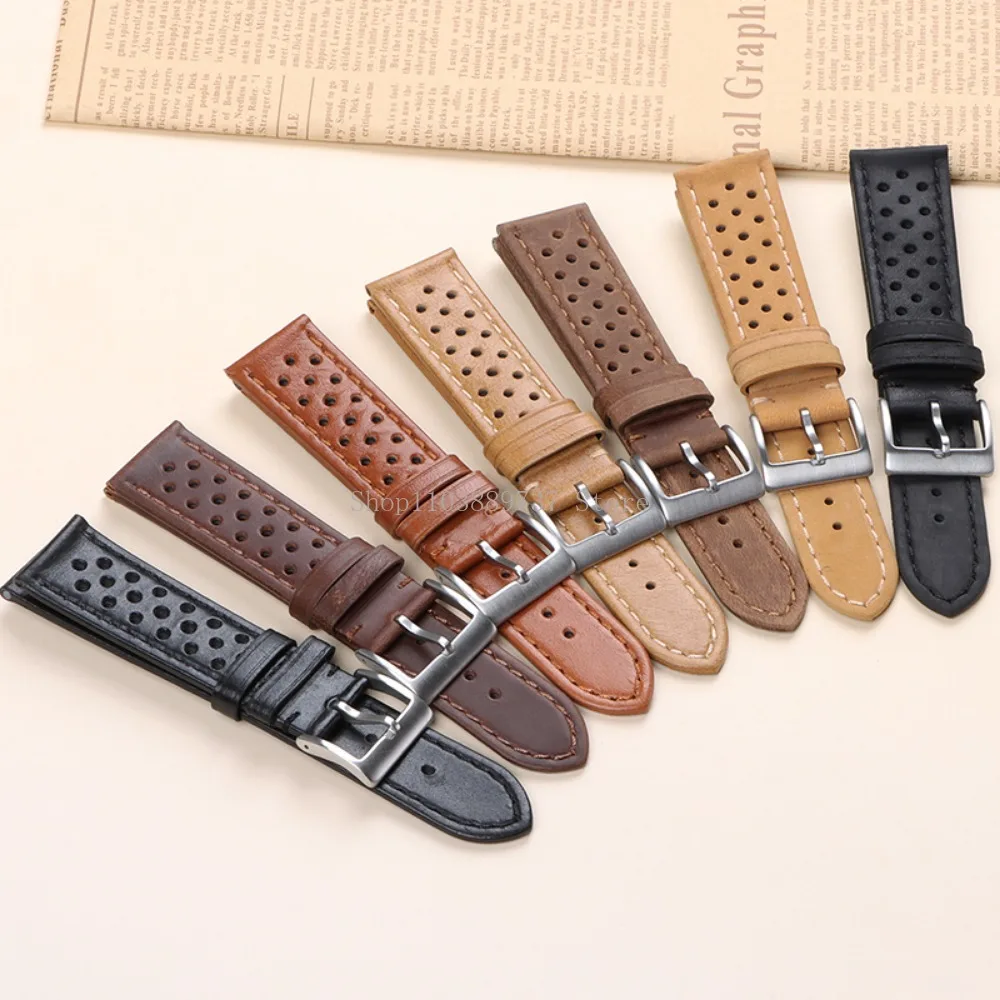 18mm 20mm 22mm Vintage Genuine Leather Strap Men Women Universal Cowhide WatchBand Breathable Bracelet Sport Wristbelt Accessory