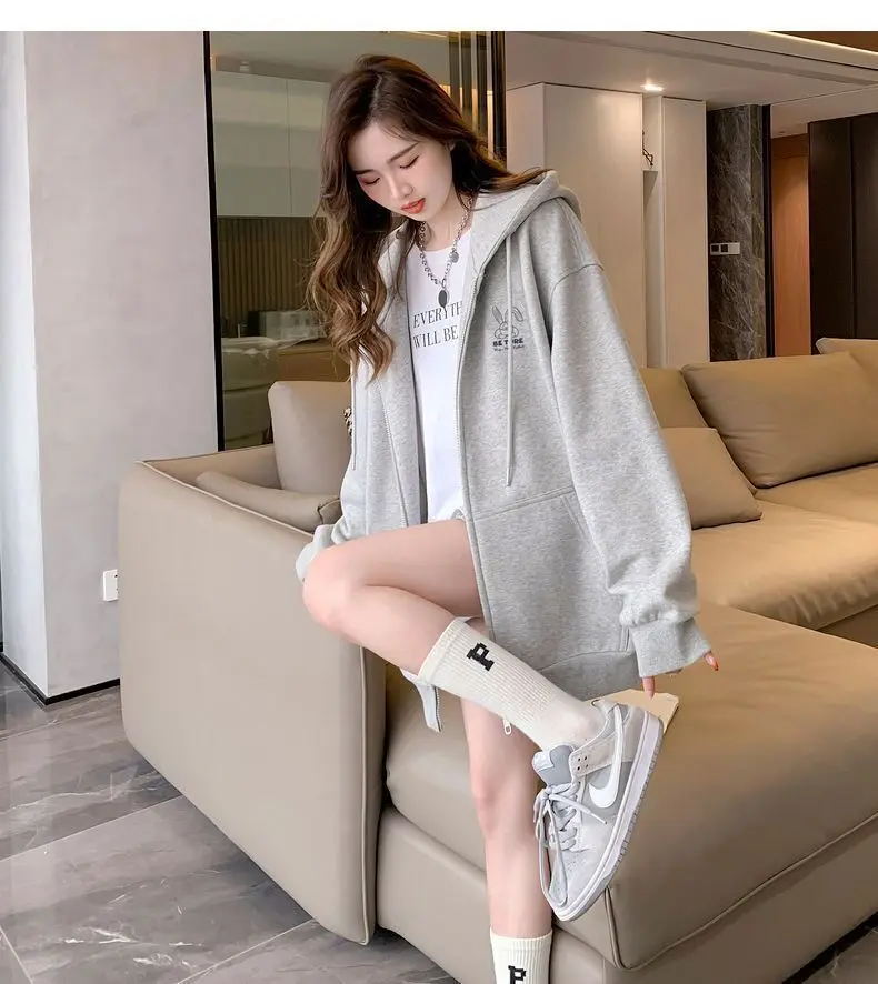 Women Embroidery Print Sporty Chic Hoodies Casual Zip Up Long Sleeve Loose Jacket Coats Harajuku Hooded Sweatshirts Streetwear