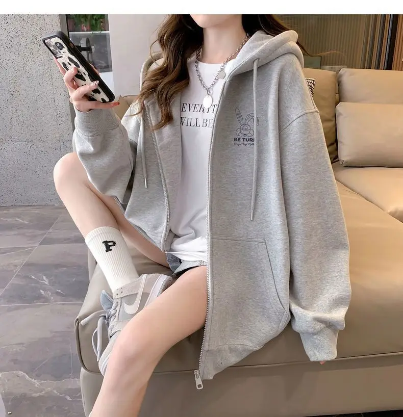 Women Embroidery Print Sporty Chic Hoodies Casual Zip Up Long Sleeve Loose Jacket Coats Harajuku Hooded Sweatshirts Streetwear