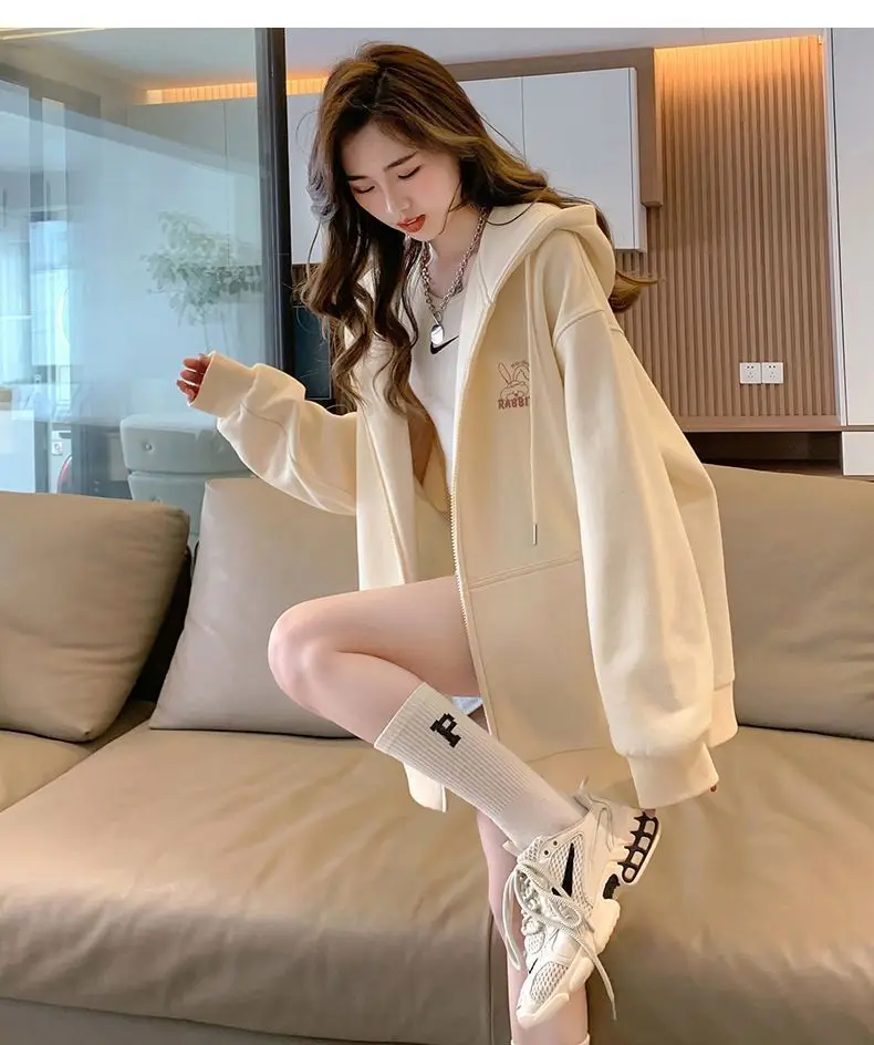 Women Embroidery Print Sporty Chic Hoodies Casual Zip Up Long Sleeve Loose Jacket Coats Harajuku Hooded Sweatshirts Streetwear