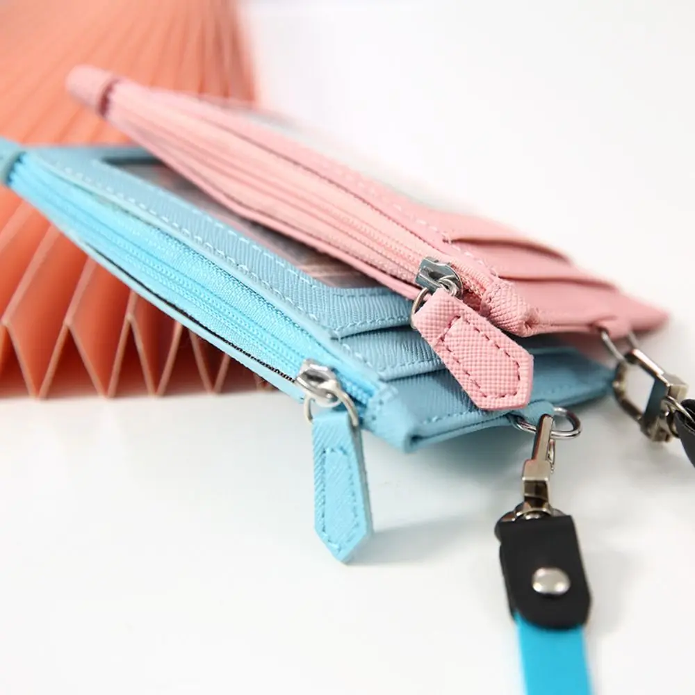 PU Leather Zipper Card Cover Bag ID Tag Bus Pass Card Cover Case Coin Purse Business Card Case with Neck Lanyard
