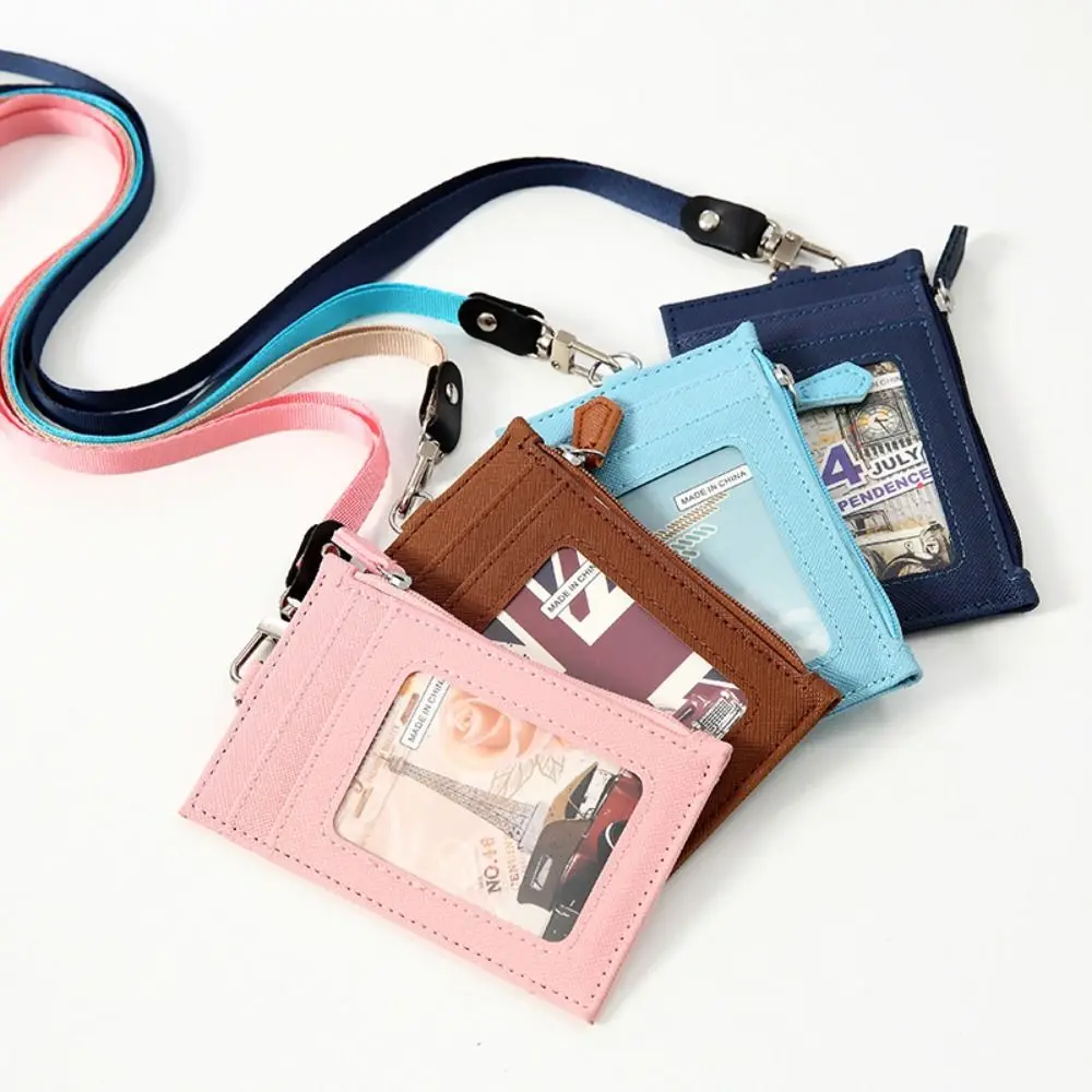 PU Leather Zipper Card Cover Bag ID Tag Bus Pass Card Cover Case Coin Purse Business Card Case with Neck Lanyard